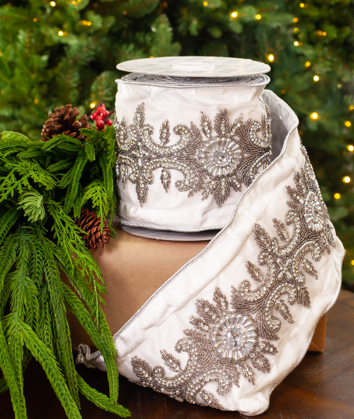 6" X 5YD White Velvet Ribbon With Silver Jewel Embroidery