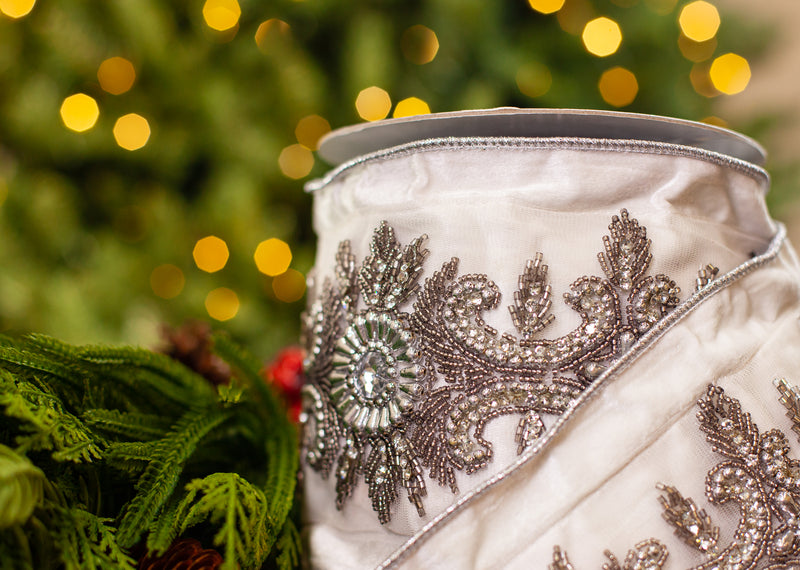 6" X 5YD White Velvet Ribbon With Silver Jewel Embroidery
