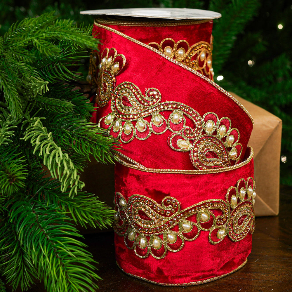 4" X 5YD Red Velvet Ribbon With Gold & Pearl Center
