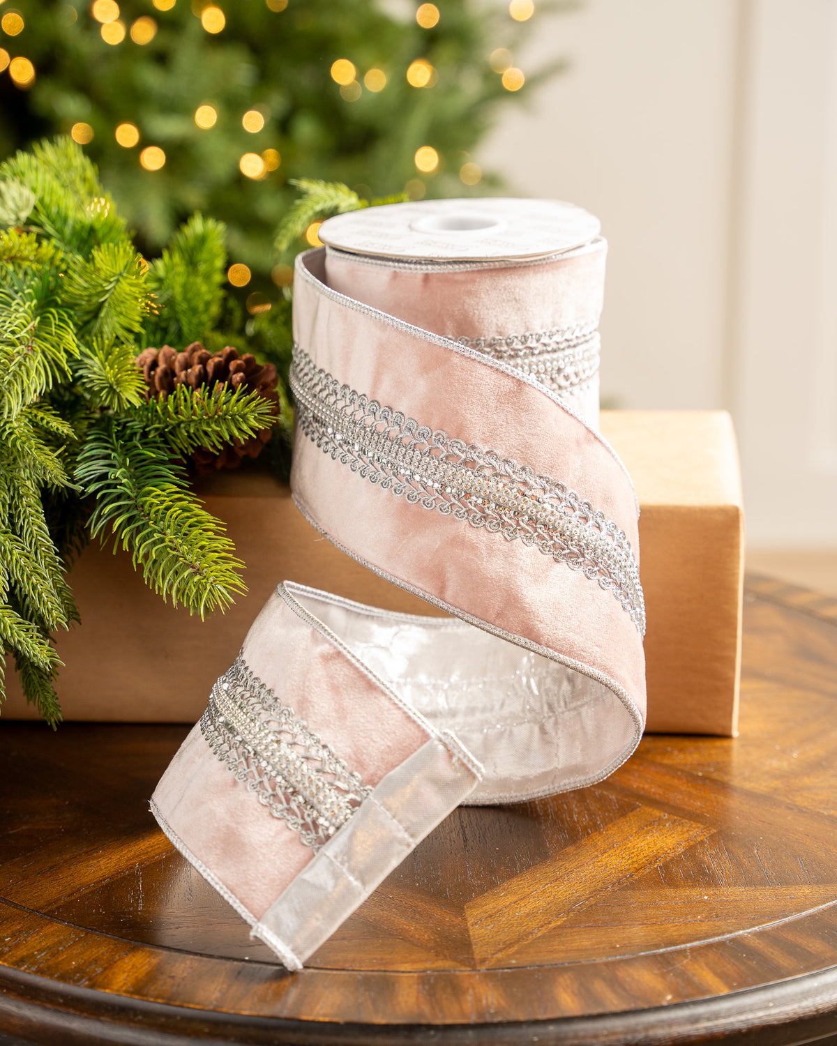 4" X 5YD Blush Pink Velvet Ribbon With Silver Jewel Center