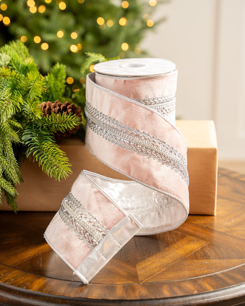 4" X 5YD Blush Pink Velvet Ribbon With Silver Jewel Center