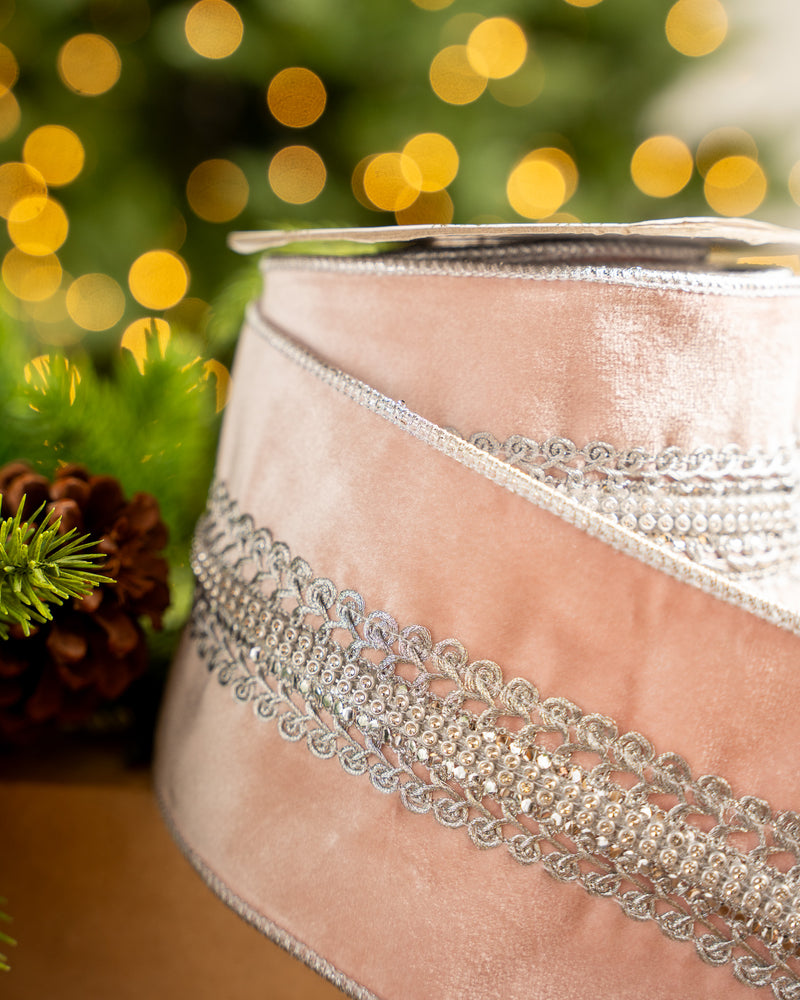 4" X 5YD Blush Pink Velvet Ribbon With Silver Jewel Center