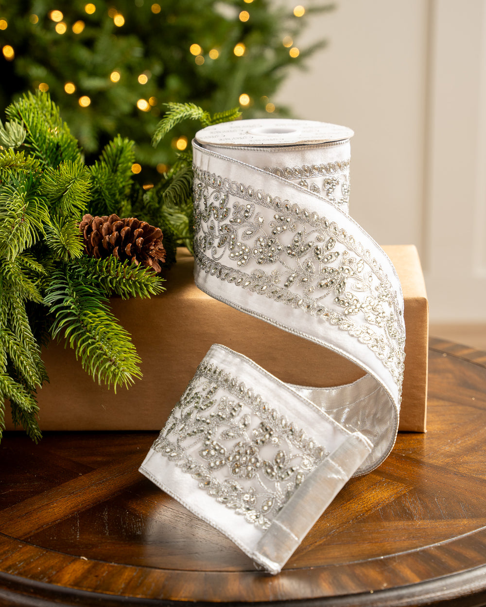 4" X 5YD White Velvet Ribbon With Silver Jewels