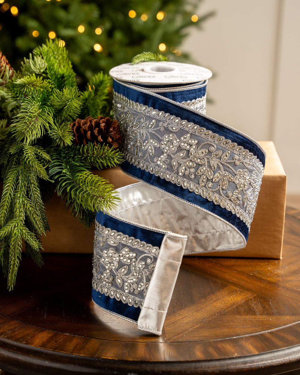 4" X 5YD Navy Velvet Ribbon With Silver Jewels