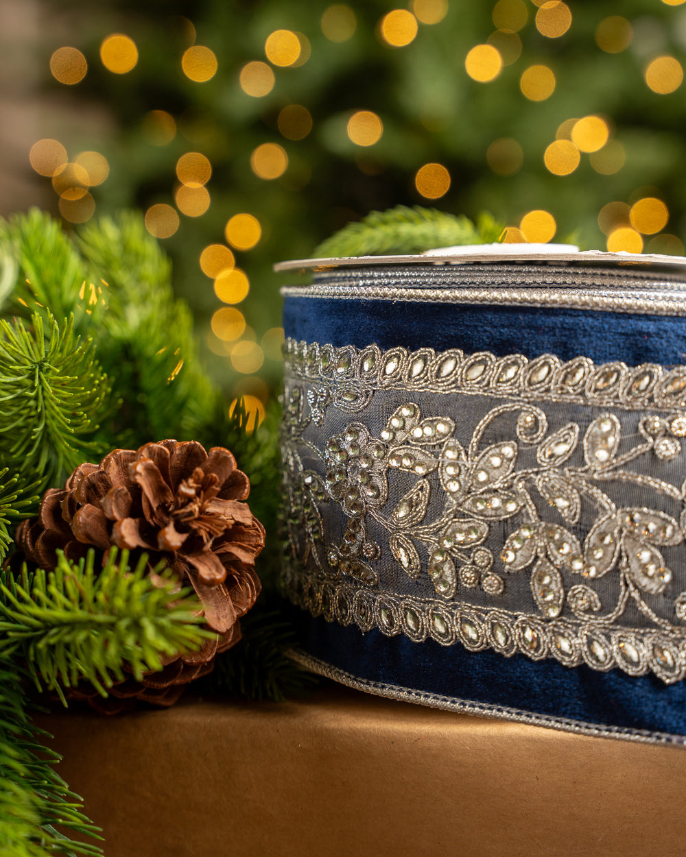 4" X 5YD Navy Velvet Ribbon With Silver Jewels