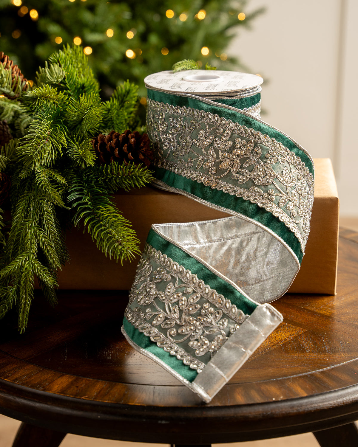 4" X 5YD Emerald Velvet Ribbon With Silver Beaded Center