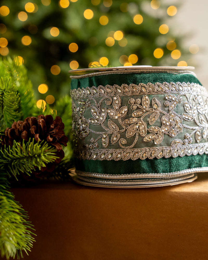 4" X 5YD Emerald Velvet Ribbon With Silver Beaded Center