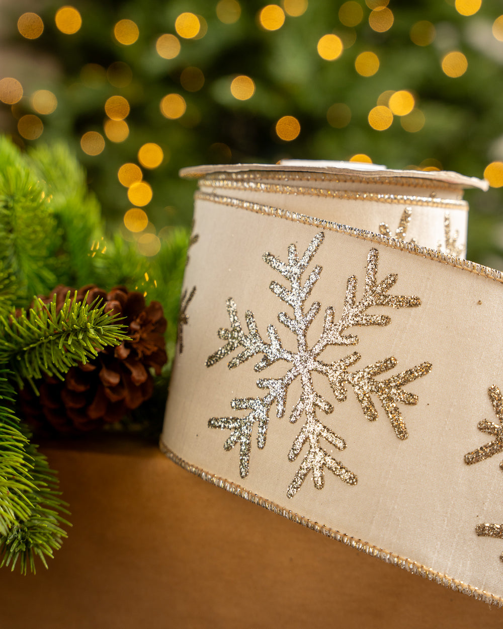 4" X 10YD Ivory Ribbon With Gold Glitter Snowflake