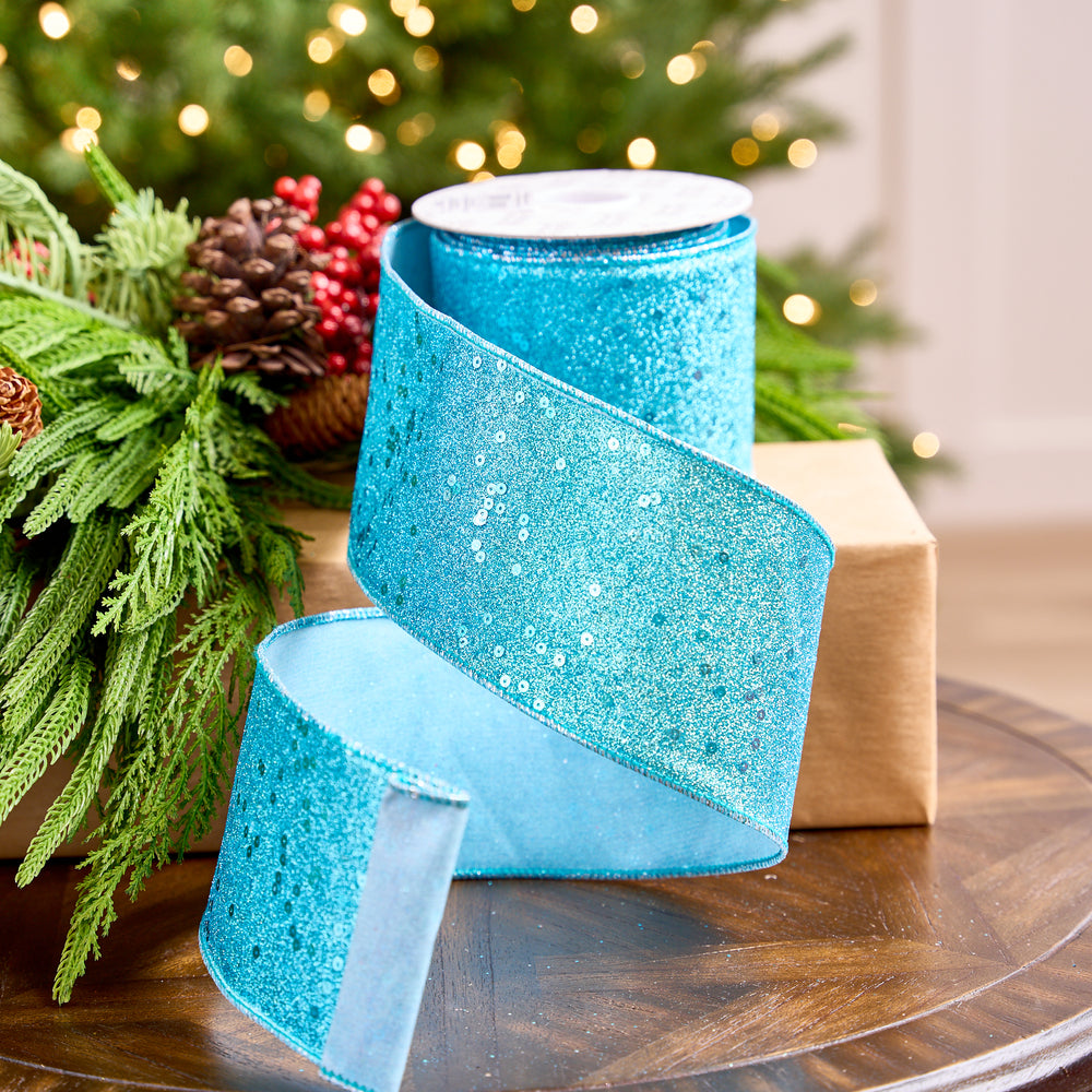 4" X 10YD Turquoise Glitter & Sequin Ribbon