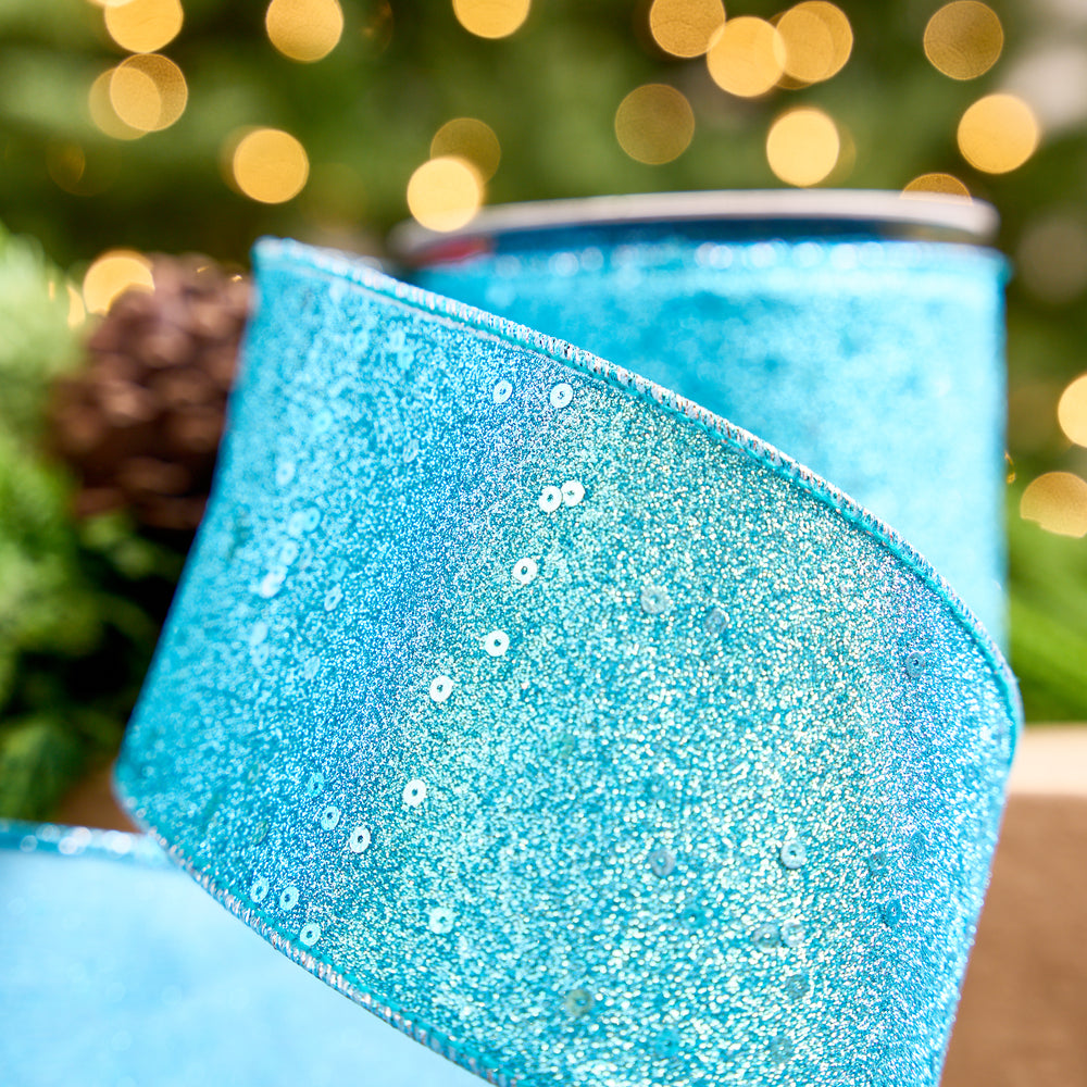 4" X 10YD Turquoise Glitter & Sequin Ribbon