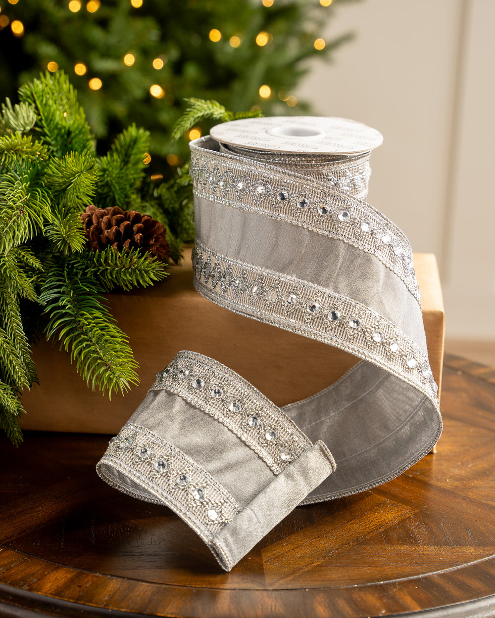 4" X 5YD Silver Ribbon With Beaded Trim