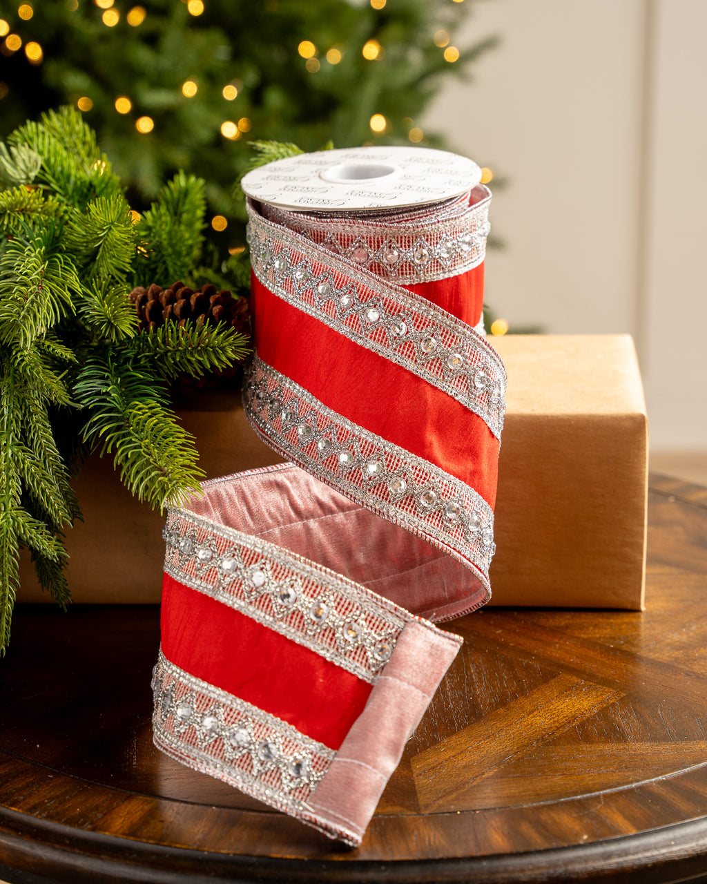 4 X 5YD Red Ribbon With Silver Trim With Jewels