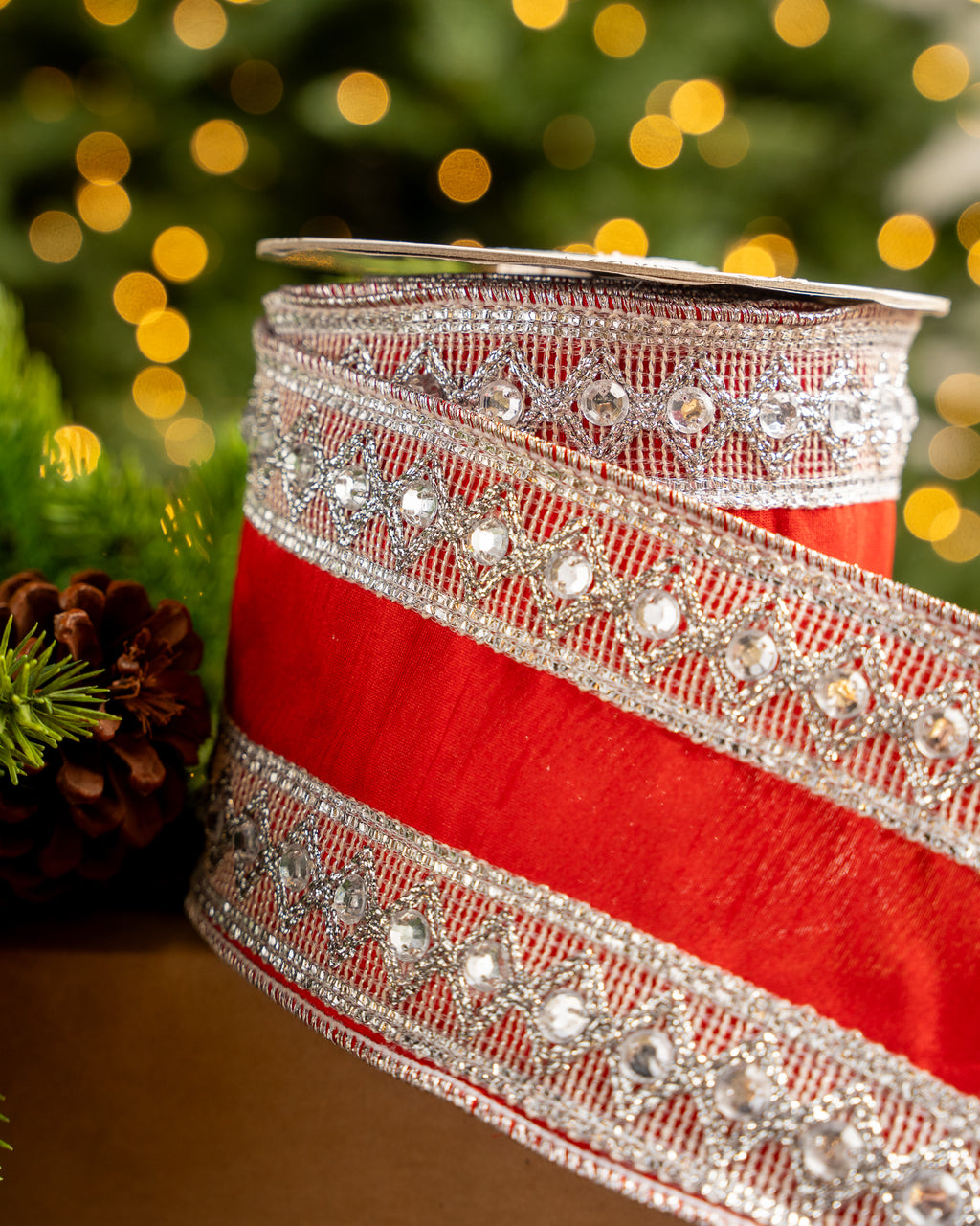 4 x 5yd Pink & Silver Beaded Jewel Trim Ribbon