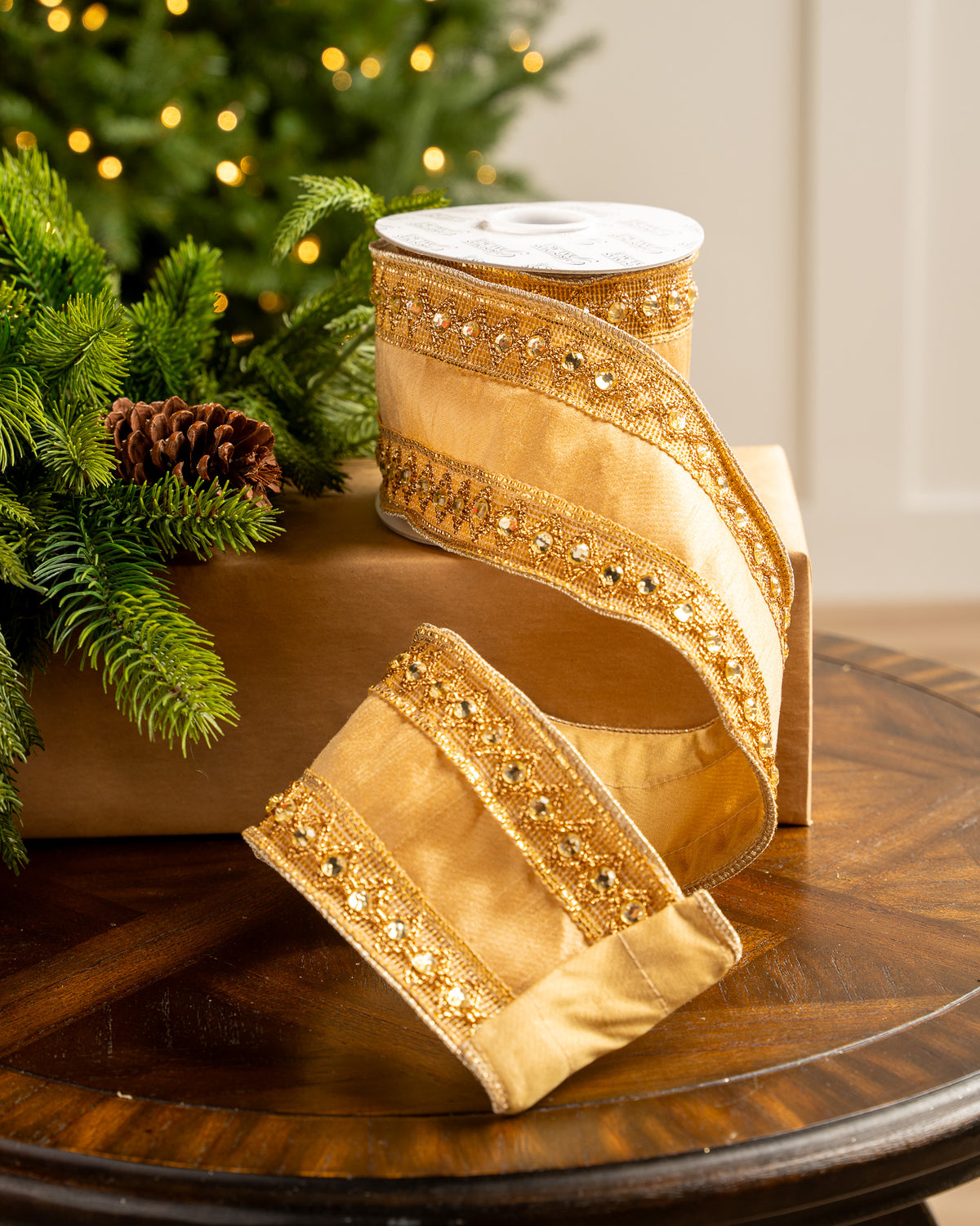 4" X 5YD Gold Ribbon With Beaded Jewel Trim
