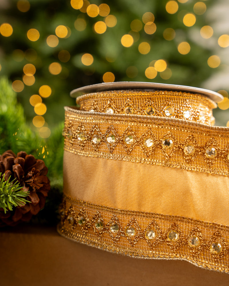 4" X 5YD Gold Ribbon With Beaded Jewel Trim