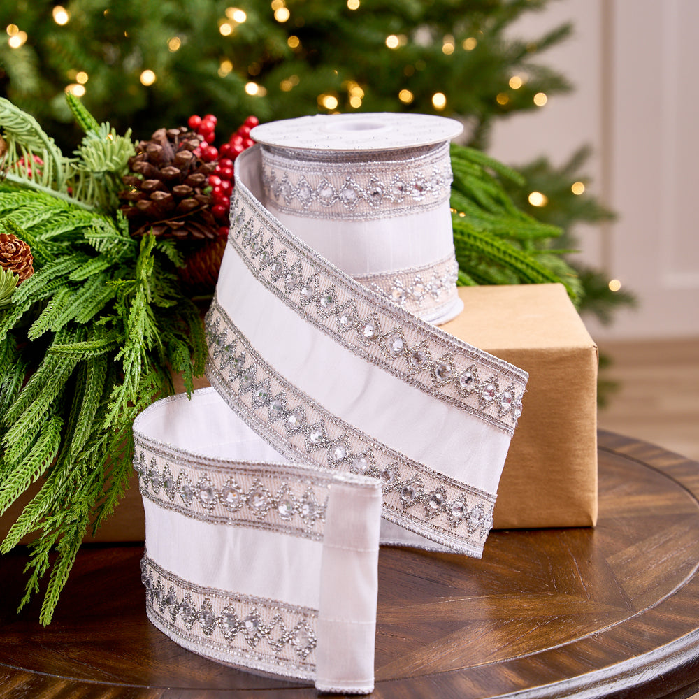4" X 5YD White Ribbon With Silver Beaded Jewel Trim