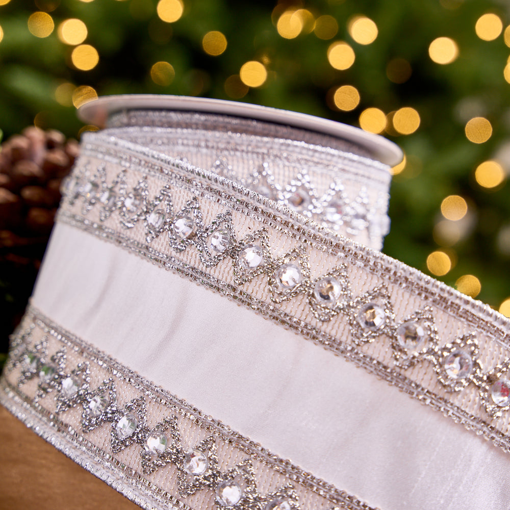 4" X 5YD White Ribbon With Silver Beaded Jewel Trim
