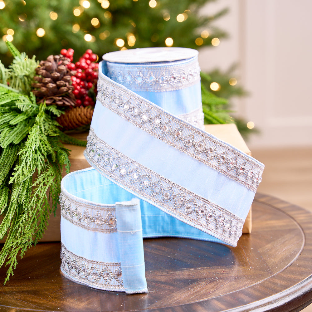4" X 5YD Light Blue Ribbon With Silver Beaded Jewel Trim