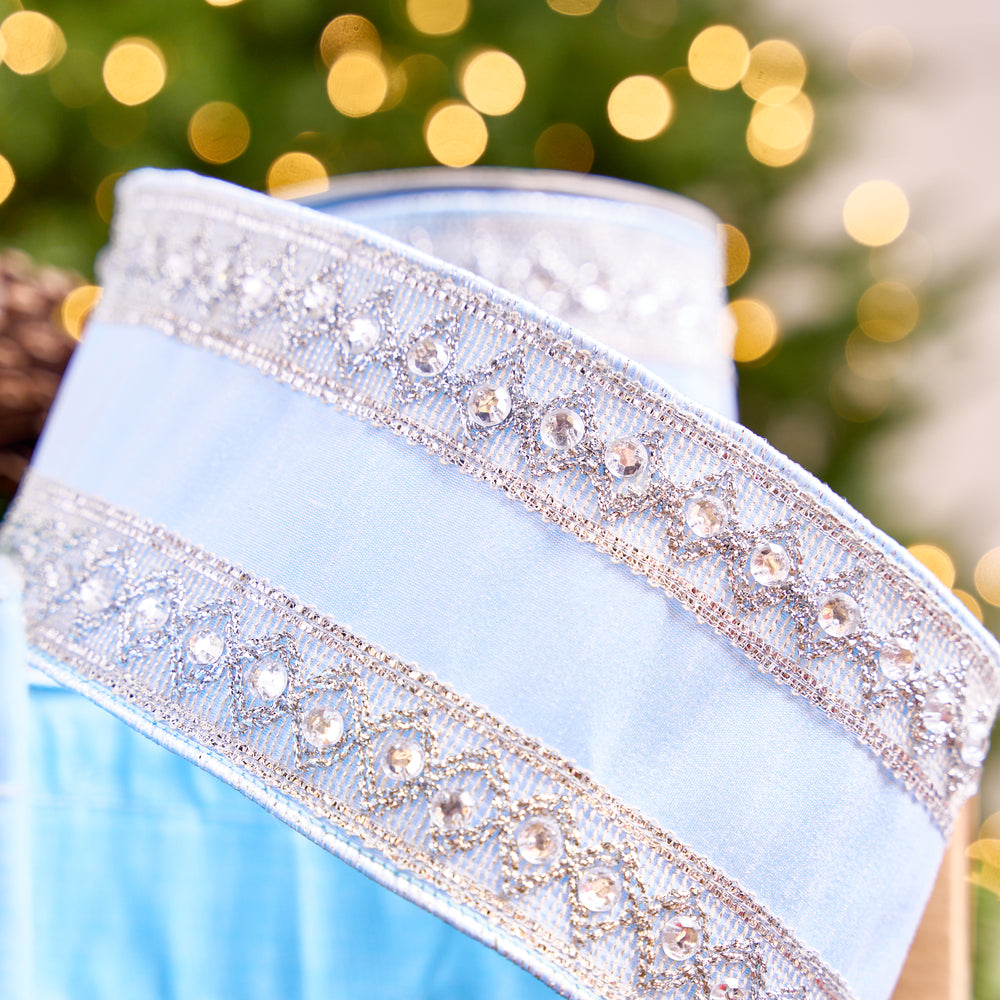 4" X 5YD Light Blue Ribbon With Silver Beaded Jewel Trim