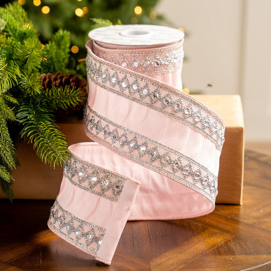 Cinta Rosa de 4" X 5YD con Borde de Joyas Plateadas