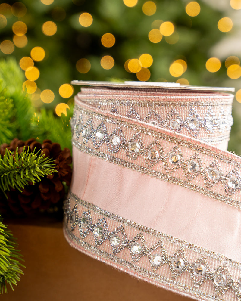 4" X 5YD Pink Ribbon With Silver Beaded Jewel Trim