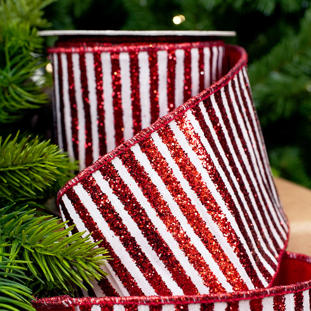 4" X 10YD White Ribbon With Red Glitter Stripes