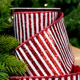 4" X 10YD White Ribbon With Red Glitter Stripes
