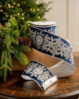 4" X 5YD Navy Velvet Ribbon With Silver Jewel Embroidery