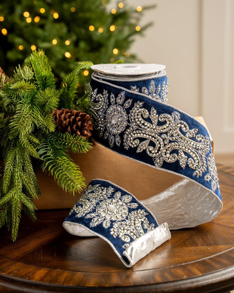 4" X 5YD Navy Velvet Ribbon With Silver Jewel Embroidery