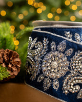 4" X 5YD Navy Velvet Ribbon With Silver Jewel Embroidery