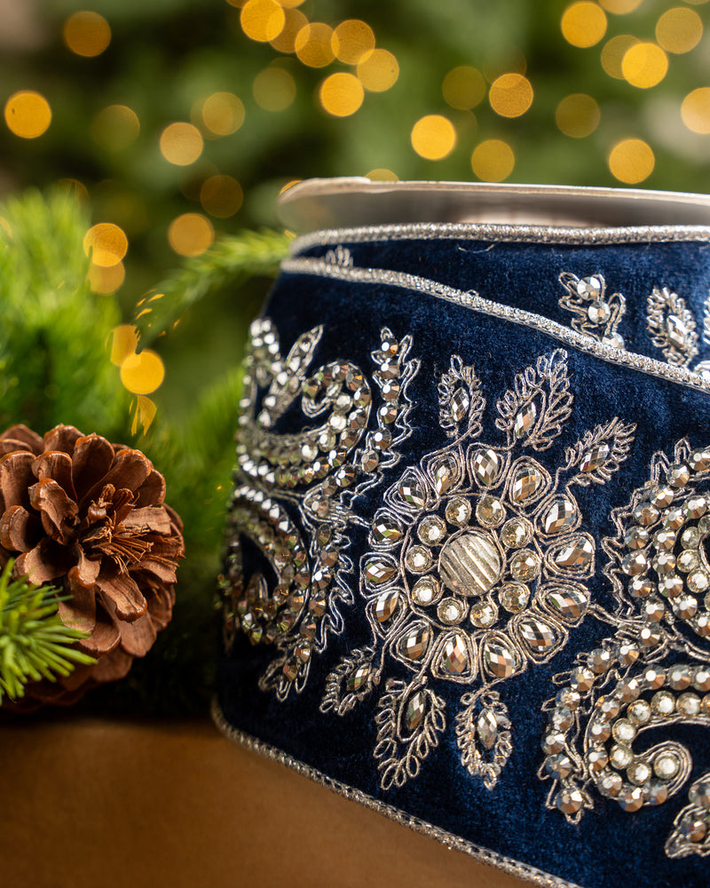 4" X 5YD Navy Velvet Ribbon With Silver Jewel Embroidery
