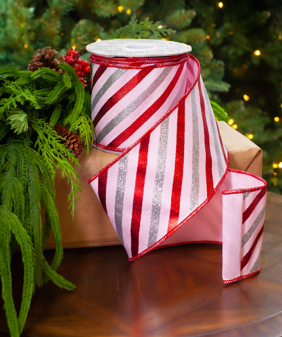 4" X 10YD Pink, Red & Silver Striped Glitter Ribbon