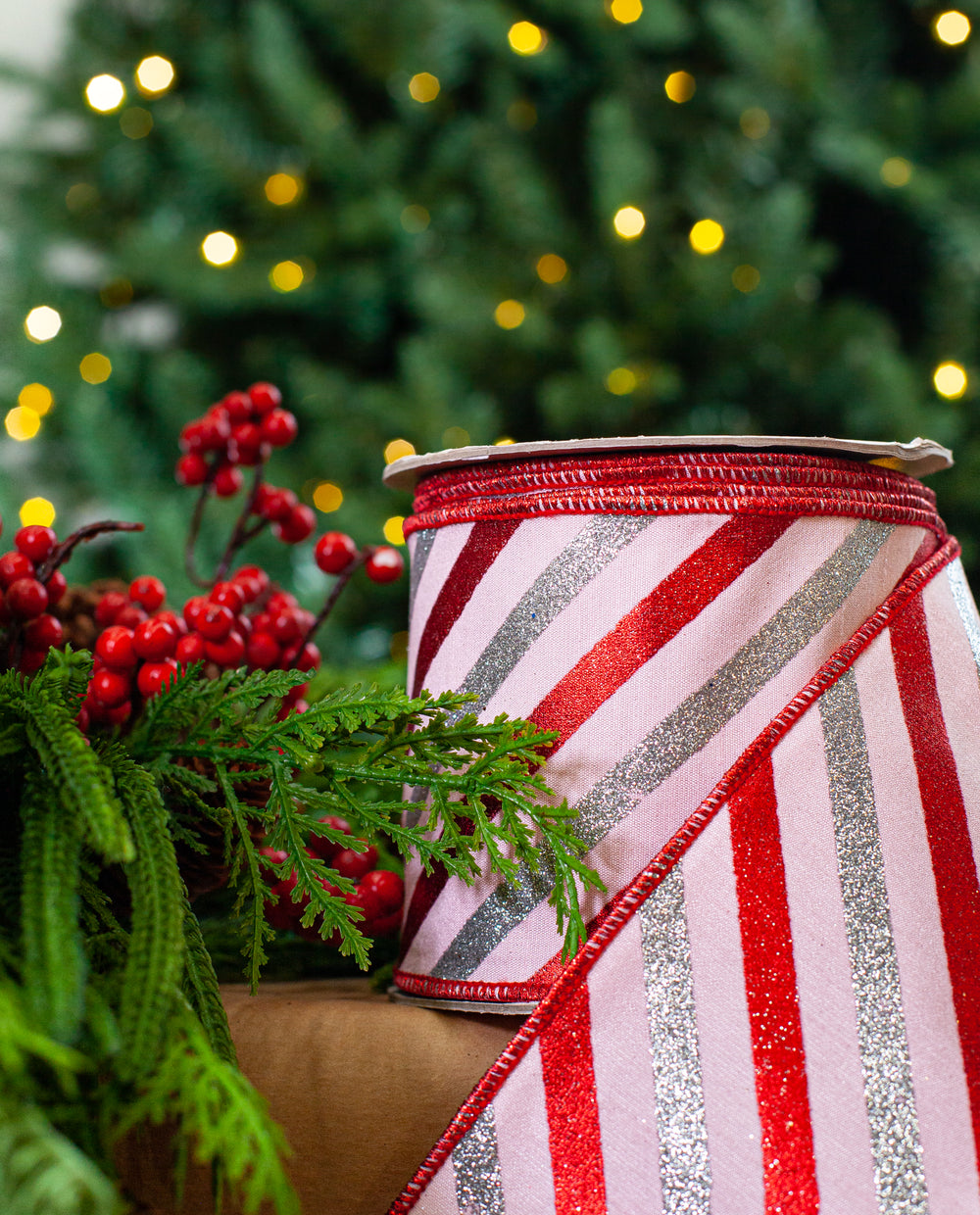 4" X 10YD Pink, Red & Silver Striped Glitter Ribbon