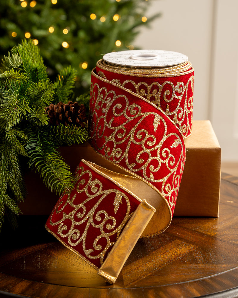 4" X 10YD Red Velvet Ribbon With Gold Glitter Scroll