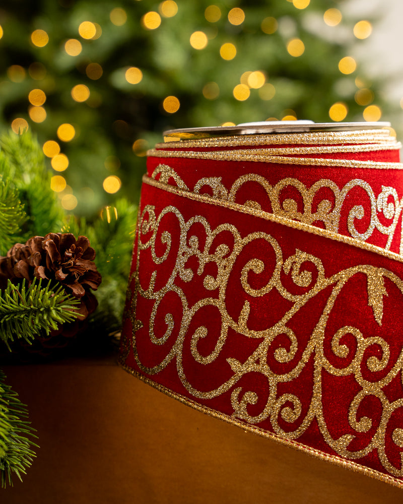 4" X 10YD Red Velvet Ribbon With Gold Glitter Scroll