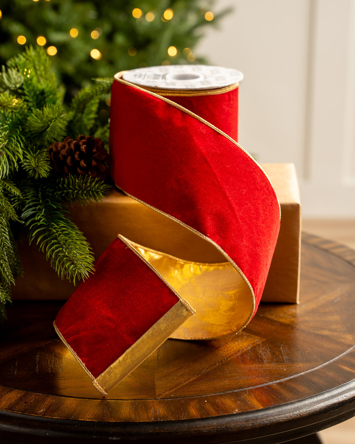 4" X 10YD Red Velvet Ribbon With Gold Trim