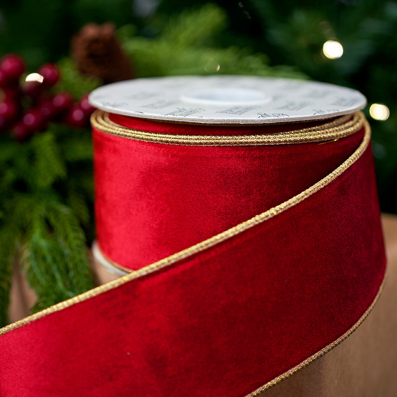 4" X 10YD Red Velvet Ribbon With Gold Trim