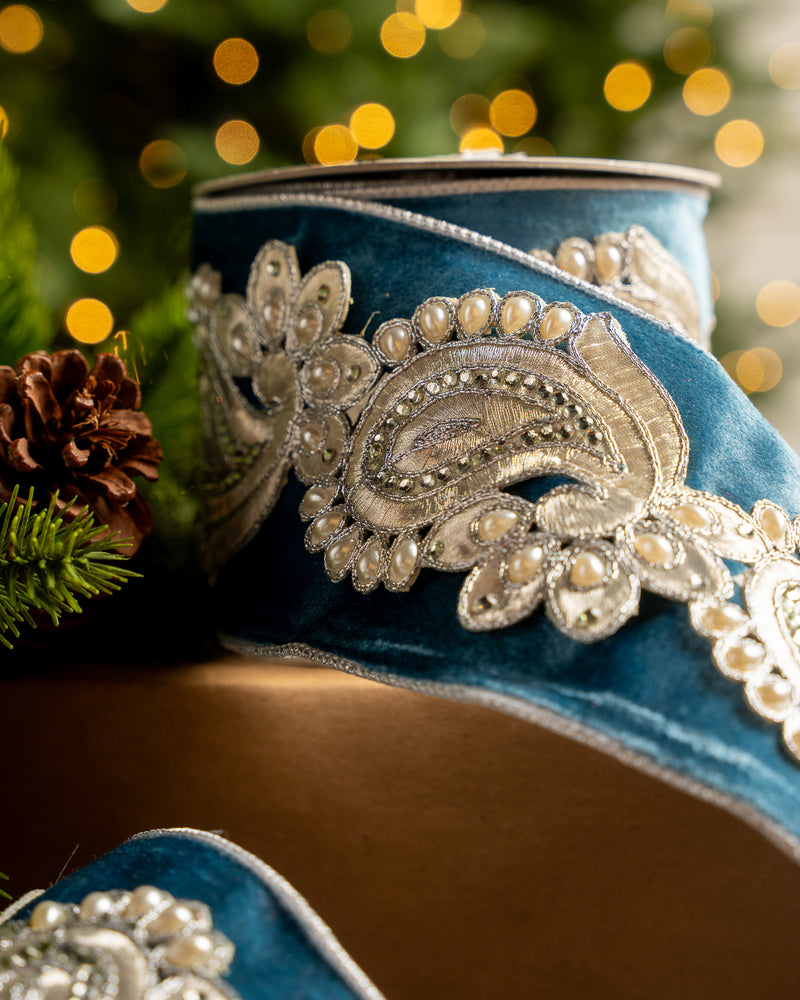 4" X 5YD Blue Velvet Ribbon With Pearls & Silver Jewels