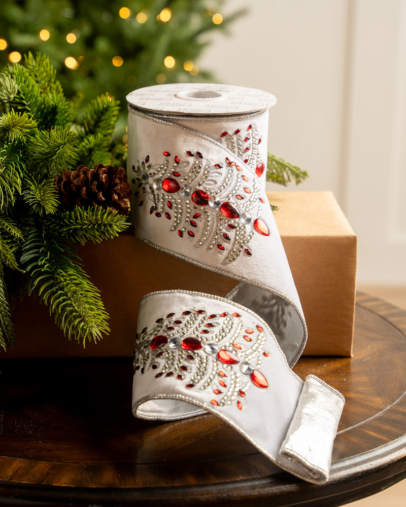 4" X 5YD White Velvet Ribbon With Red Jeweled Tree