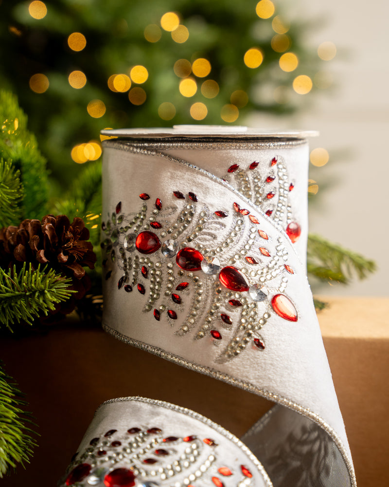 4" X 5YD White Velvet Ribbon With Red Jeweled Tree