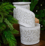 4" X 5YD White With Silver Sheer Floral Beaded Ribbon