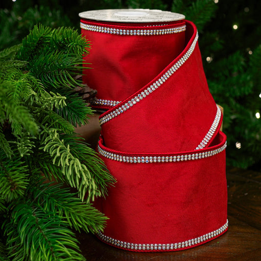 4" X 5YD Red Velvet Ribbon With Swarovski Trim