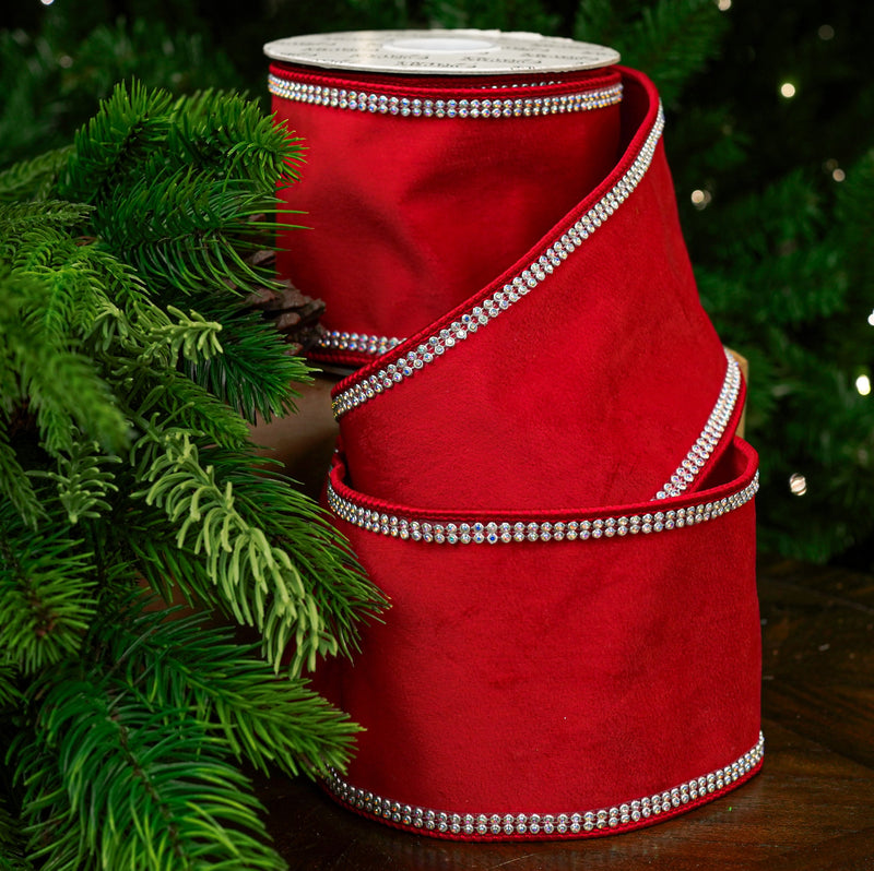 4" X 5YD Red Velvet Ribbon With Swarovski Trim