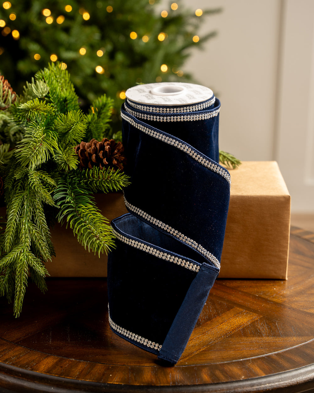 4" X 5YD Navy Blue Velvet Ribbon With Swarovski Trim