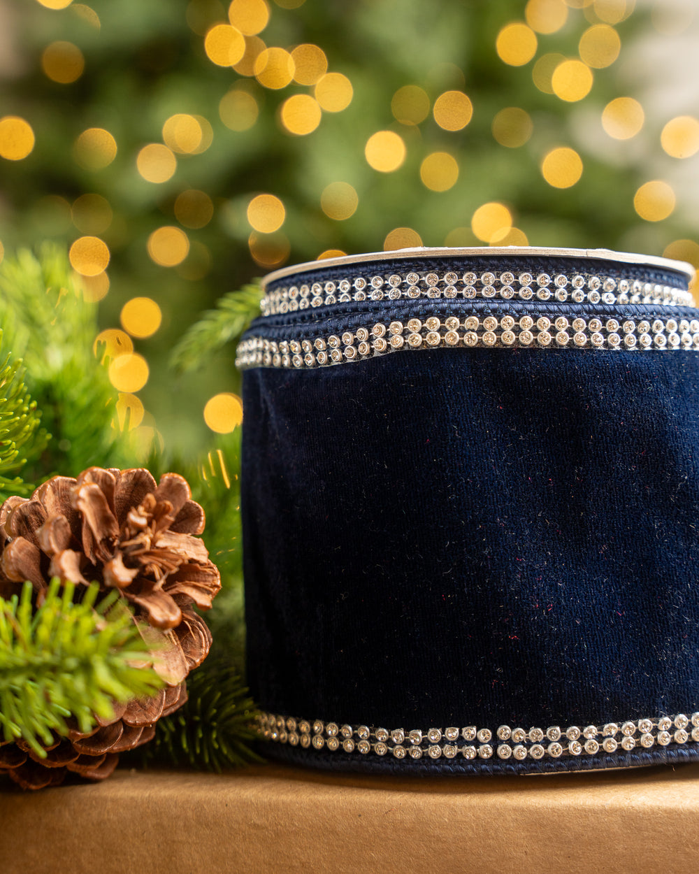 4" X 5YD Navy Blue Velvet Ribbon With Swarovski Trim