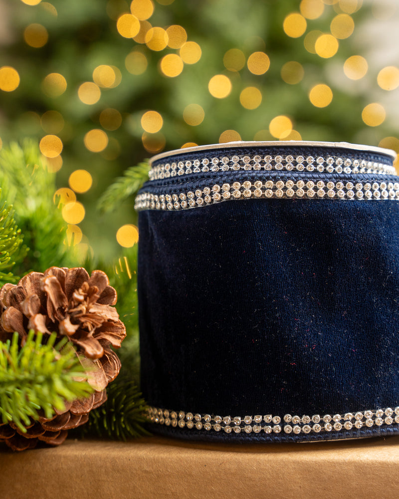 Cinta de terciopelo azul marino de 4" X 5YD con ribete de Swarovski