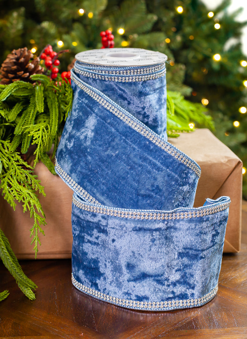 4" X 5YD Steel Blue Velvet Ribbon With Swarovski Trim