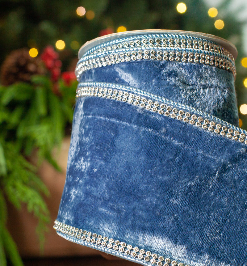 4" X 5YD Steel Blue Velvet Ribbon With Swarovski Trim