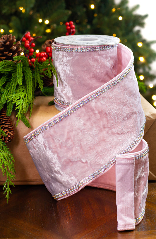 4" X 5YD Pink Velvet Ribbon With Swarovski Trim