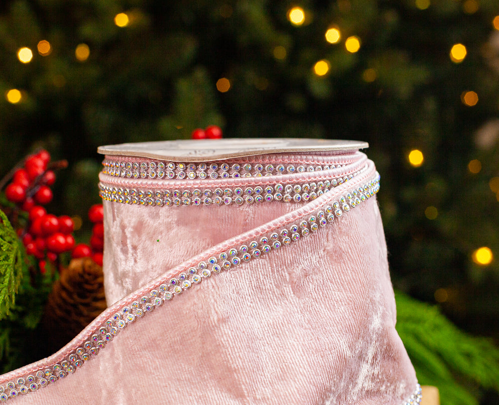 4" X 5YD Pink Velvet Swarovski Trim Ribbon